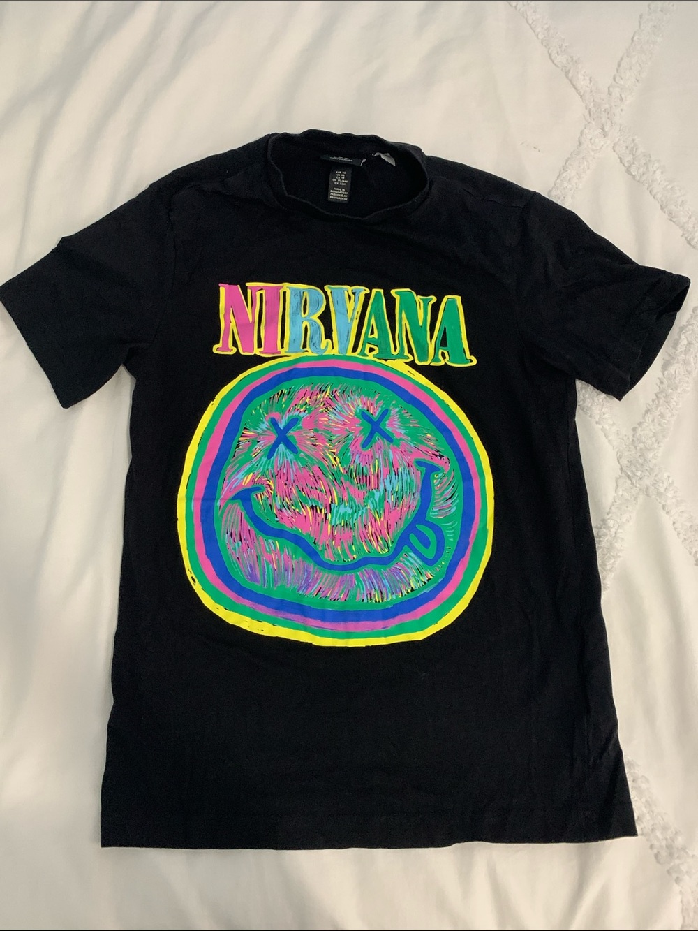 NIRVANA Black Tee with Neon Multi-Color Smiley